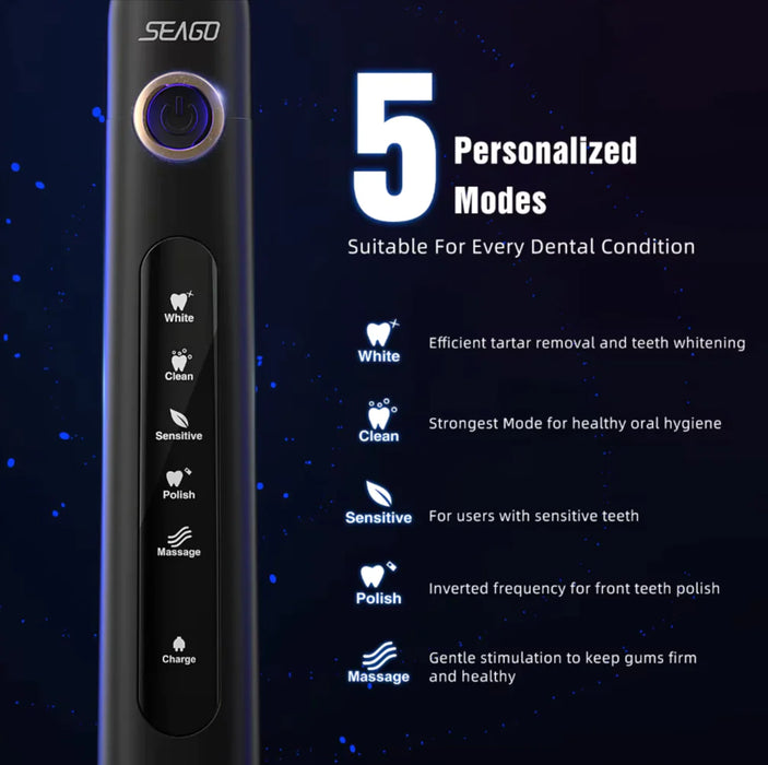 Seago Sonic Toothbrush Electric Toothbrush Cleaning Teeth 5 Modes with 8 Replaceable Brush Heads 2 Min Timer With Portable Box